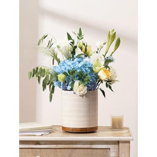 Utensil Holder, 360° Rotating Extra Large Ceramic Kitchen Utensil Holder for Countertop, 7.3“ Cooking Utensil Crocks for Kitchen Counter with Rotatable Wooden Base, Farmhouse Decor, Arctic White 7