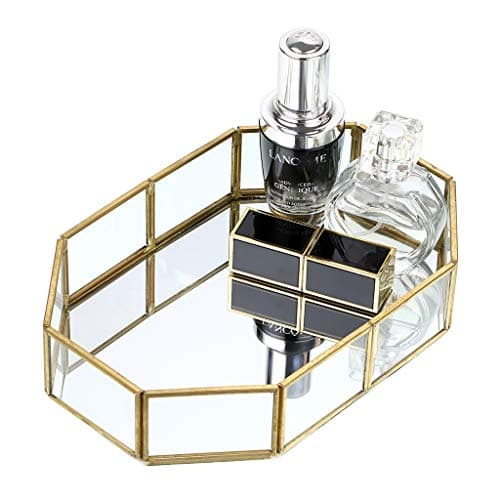 Hipiwe Mirror Glass Vanity Tray - Gold Ornate Makeup Tray Vintage Octagonal Perfume Tray Dresser Trays Jewelry Trinket Organizer for Bathroom Storage Trays for Home Decor 8