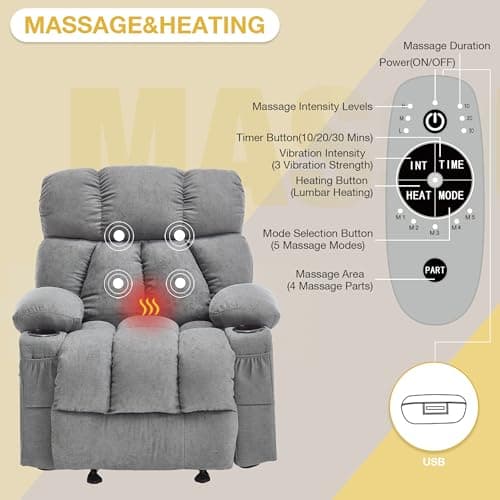 Massage Recliner Chair, Overstuffed Rocker Lazy Boy Chairs with Vibration&Gently Heat,Fabric Ergonomic Manual Nursery Chair for Living Room with Side Pocket, 2 Cup Holders&USB Charge Port, Grey 7
