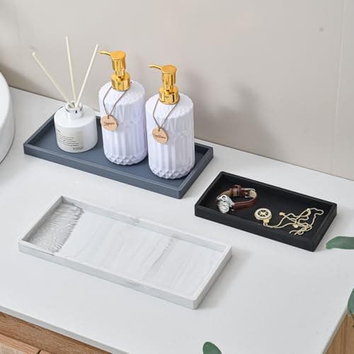 2PCS 11.8” L x 5” W Silicone Soap Dispenser Tray, Bathroom Sink Vanity Trays for Dresser Tops, Toilet, Small Black Tray for Scrubber, Lotion Bottles, Perfume, Jewelry, Candle, Key Trinket Ring-Black 5