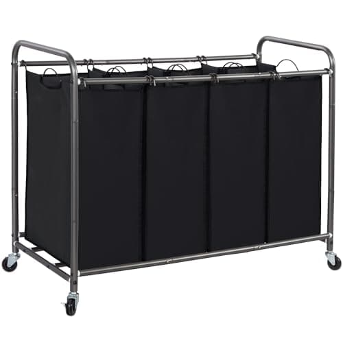STORAGE MANIAC Laundry Sorter 4 Section, 47.8 Gal (181 L) Laundry Hamper with Wheels, Clothes Divider Basket Sorter, Clothes Separator Hamper Cart with Wheels and Removable Bags, Black