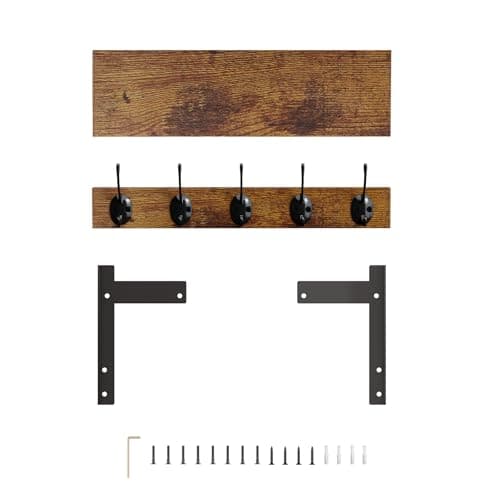 FNBAR Wall Hooks with Shelf, Wood Coat Rack with Shelf Wall-Mounted, Entryway Hanging Shelves with 5 Metal Hooks for Clothes Hats Towel Purse Robes, Bathroom Mudroom Bedroom, Rustic Brown 9