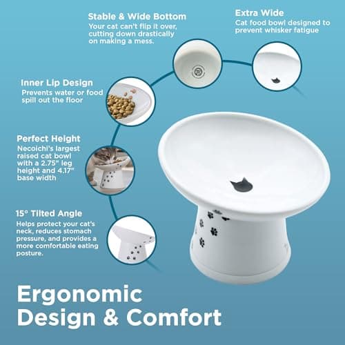 Necoichi Raised Cat Food Bowl – Ceramic Elevated 15° Tilted Cat Bowl for Whisker & Neck Fatigue, Dishwasher Microwave Safe Non-Slip Anti Vomiting Ergonomic Design (Extra Wide Tilted, 1.5-Cup Capacity) 6