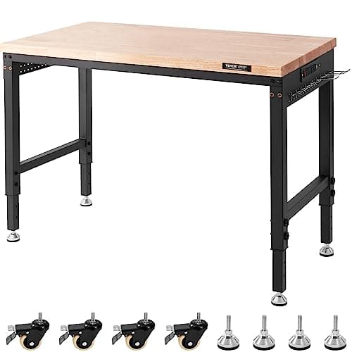 VEVOR Adjustable Workbench, 48" L X 24" W Garage Worktable with Universal Wheels, 28-39.5" Heights & 2000 LBS Load Capacity, with Power Outlets & Hardwood Top & Storage & Foot Pads, for Office Home 9