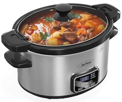 Sunvivi 4qt Slow Cooker, Programmable Slow Cooker with Locking Lid, Removable Ceramic Pot, 3 Heating Settings & Time Control, Mini Food Warmer with Dishwasher-safe Lid & Pot, Silver 8