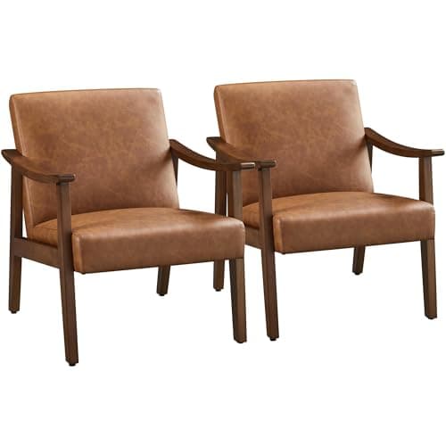Yaheetech PU Leather Accent Chair, Mid-Century Modern Armchair with Solid Wood Legs, Reading Leisure Chair with High Back for Living Room Bedroom Waiting Room, Set of 2, Brown