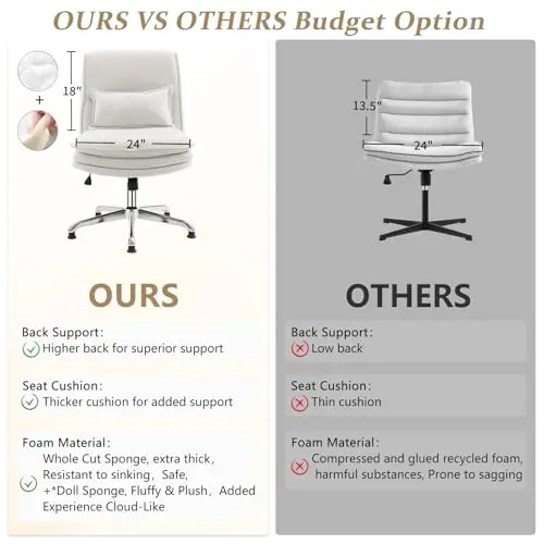 VINGLI Cloud Criss Cross Leggedchair, 18" High Back Armless HomeOffice Deskchair, Wide Adjustable Comfy PaddedSeat Task Computerchair, Modern Swivel Makeup Vanity Chair, Fabric, Beige 5