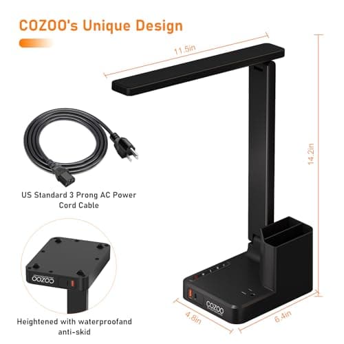 cozoo LED Desk Lamps for Home Office, Modern Dimmable Eye Caring Desk Light with USB Charging Ports AC Outlet, Pen Holder,Touch/Memory/Timer, Kids Small Table Lamp for Reading, Bedroom, Study, Craft 9