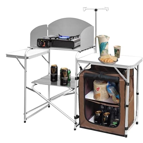 CampLand Folding Camping Kitchen Table with Windscreen,Portable Outdoor Cooking Station with Storage Cabinet & Side Tables Heavy Duty Camp Cook Station for Camping & BBQ（White）