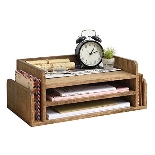 KIRIGEN Wood Desk Organizer 5 Trays - Desktop Document Letter Tray for Folders, Mail,File -Nature 3-Tier Office Mail Sorter Organizer Rack/Telephone Stand/Document Holder Dark Brown(2TP-DBR)