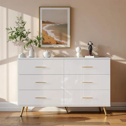 Feetice 6 Drawer Dresser for Bedroom, High Gloss White Dresser with Golden Metal Handles & Adjustable Legs, Modern Storage Chest of Drawers with Wide Drawers for Bedroom, Living Room