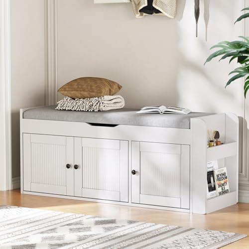 HOTAMO 42.6" Storage Bench - Entryway Shoe Bench with Side Storage Shelves and 3 Doors, Multifunctional Entryway Bench with Lift Top Cushion, Shoe Storage Bench for Bedroom, Living Room, White