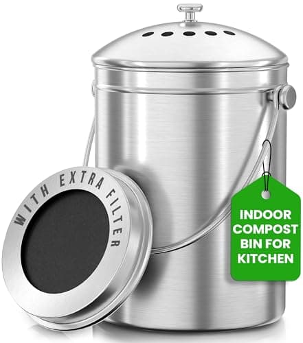 Utopia Kitchen Indoor Compost Bin Kitchen, Odorless Composting with Charcoal Filter, 1.3 Gallon Stainless Steel Large Composter for Countertop & Under Sink, Easy Cleaning, One Extra Filter - (Silver)
