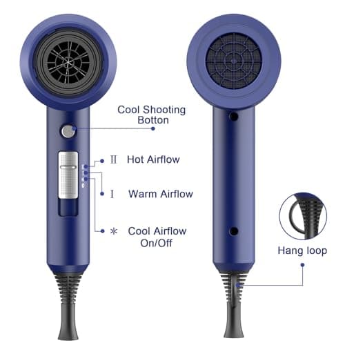 Slopehill Professional Ionic Hair Dryer, Powerful 1800W Fast Drying Low Noise Blow Dryer with 2 Concentrator Nozzle 1 Diffuser Attachments for Home Salon Travel (Prussian Blue) 6