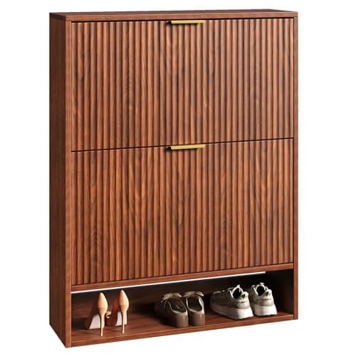 Hootata 31.5''W Walnut Shoe Storage Cabinet for Entryway with 2 Flip Drawers, Fluted Slim Shoe Cabinet, Free Standing Wooden Shoes Organizer for Foyer, Hallway