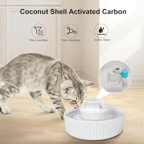 VinDox 2.1L Ceramic Cat Water Fountain-for Cats and Dogs, 360 Ceramic Pet Fountain-70 Oz Large Water Capacity - Whisper-Quiet Water Flow-Great for Shy or Timid Pets - Fresh, Filtered Water(White) 5