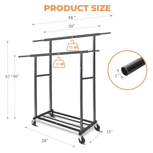 Fishat Stand Portable Black Double Rods Garment Rack with Rolling Clothes Organizer on Lockable Wheels Mobile, 48" W x 15" D x 67" H, Metal Simple Hanging Clothes with 2 Hook 3