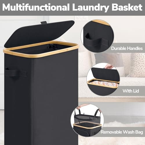 Goodpick Slim Laundry Basket with Wheels and Lid, 75L Rolling Laundry Hamper for Dorm Home Decor, Large Clothes Hamper with Bamboo Frame Removable Bag, Black, 17" x 9.8" x 29.5" 5