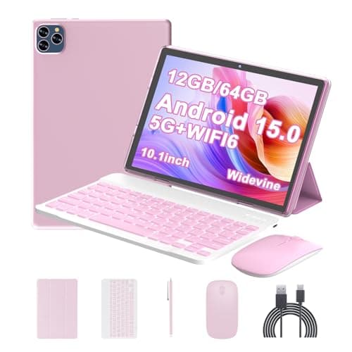 ICONLINK Android 15 Tablet 10 Inch, 12(3+9) GB RAM+64GB ROM, 2 in 1 Tablets with Keyboard Case Mouse Stylus, 1.8GHz Five-core Processor, 1280 * 800 IPS HD Screen, 5G WiFi6 BT 5.3 Tableta PC(Pink)