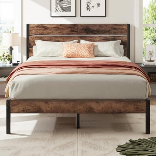 Lifezone Queen Bed Frame with Headboard and Footboard, Metal Queen Bed Frame with Under-Bed Storage, All-Metal Support System, No Box Spring Needed, Easily Assemble, Rustic Brown