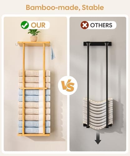 Cozivolife Bamboo Towel Rack for Bathroom with 2 Hooks, 32.7 inch with Shelf Wall Mounted Bathrobe Storage Organizer, Large Capacity Holder for Bathe- and Hand Towels (Natural) 6