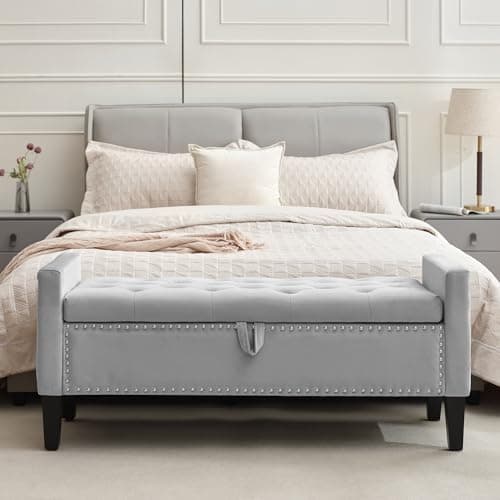 Creek Vista Velvet Storage Ottoman Bench, 45'' Upholstered Button Tufted End of Bed Bench, Modern Storage Bench for Bedroom, Living Room, or Entryway, Grey