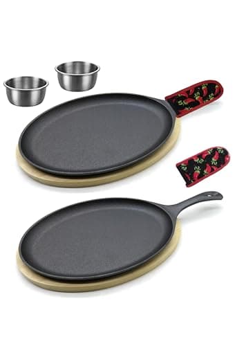 ZURRITO 2 x Cast Iron Fajita Plate Set Fajita Plate Pan with Wooden Tray Anti Scald Protection Hot Mitt Cast Iron Skillet Set for Home Barbecue Kitchen Party Restaurant Catering Service