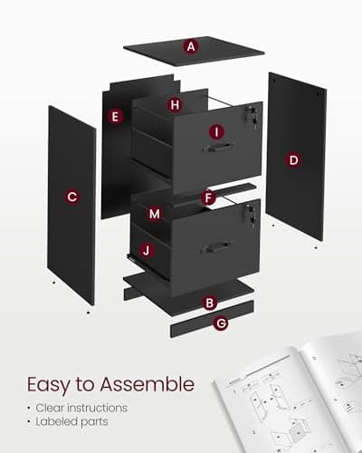 VASAGLE 2 Drawers File Cabinet with Lock, Printer Stand, Office Filing Cabinet Organizer, for A4 and Letter Size Documents, Ink Black UOFC061B16 6