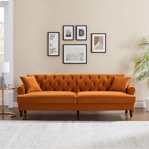 VANOMi 86" Velvet Sofa, Mid-Century Modern Tufted Loveseat, 3 Seater for Living Room, Comfy Couch with Upholstered Cushion, Small Sofa for Bedroom Apartment Office (Curry)
