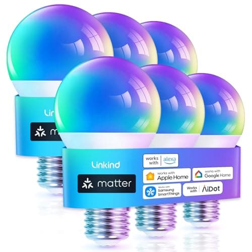 Linkind Matter Smart Light Bulb, WiFi Smart Bulbs, Work with Apple Home, Siri, Alexa, Google, SmartThings, RGBTW Color Changing Bulbs Mood Lighting, Music Sync, A19 E26 60W, 2.4Ghz WiFi 6 Pack