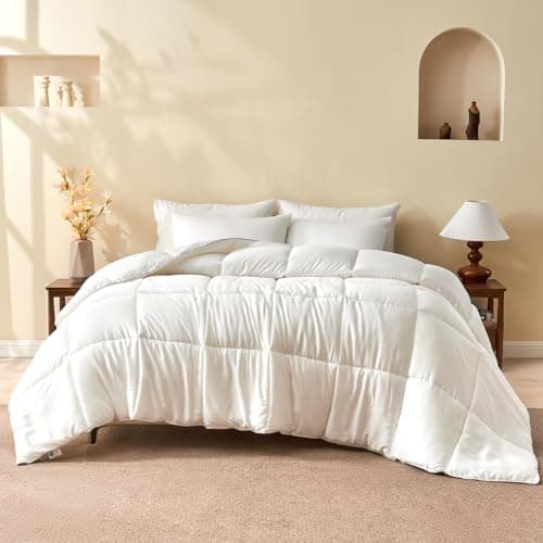 BPC 100% Rayon Derived from Bamboo Silk Blend Comforter Full/Queen Size, Ultra-Soft ClimaSilk™ Down-Alternative Duvet Insert for All Seasons with Corner Tabs, Medium Warmth, White, 82x86 Inches