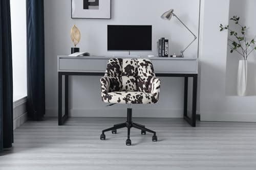 BESTANO Cow Print Desk Chair Velvet Office Chair, 360° Swivel Work Chair with Mid Back Support Armrest, Adjustable-Height Upholstered Chair for Living Room, Bedroom Home Office, Cow Print 5