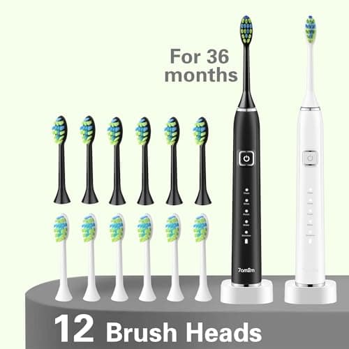 7AM2M Sonic Electric Toothbrush with 6 Brush Heads for Adults and Kids, One Charge for 90 Days, Wireless Fast Charge, 5 Modes with 2 Minutes Built in Smart Timer, Electric Toothbrushes (Black&White) 5