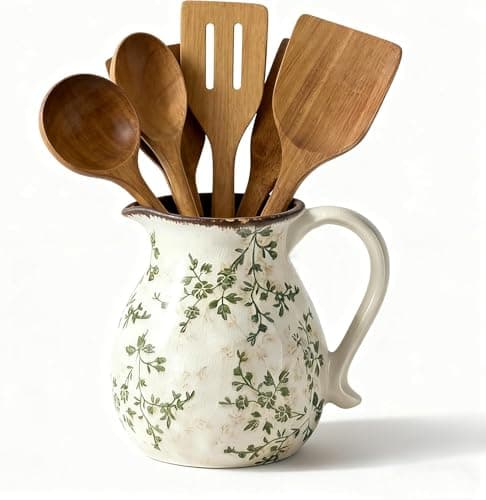 Rustic Ceramic Utensil Holder, 6.1"Modern Farmhouse Cooking Utensil Holder for Kitchen Counter with Handle, Kitchen Utensil Organizer Crock for Countertop Home Decor, Vintage Spoon Tool Tray(white)