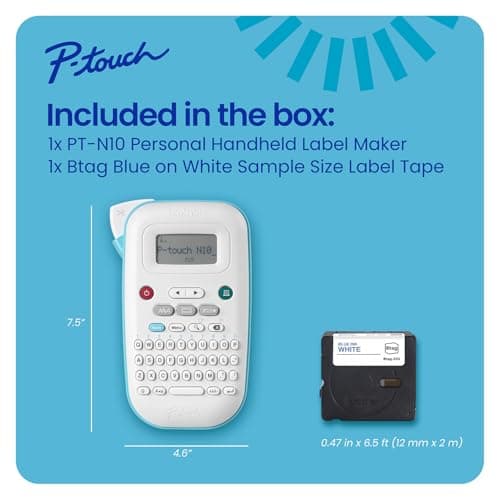 Brother P-Touch PT-N10 Personal Handheld Label Maker, Portable and Prints, P-Touch Btag ~½” (12mm) Wide Color Personalized Label Tapes, 8