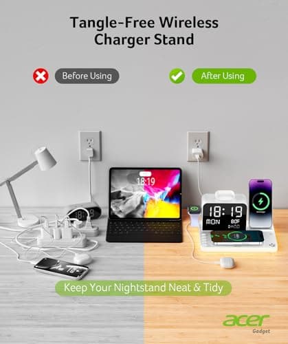 Acer 7-in-1 Wireless Charging Station with LED Clock - 30W Fast Wireless Charger for iPhone 16/15/14/13/12/Pro Max, Apple Watch, AirPods - Bluetooth Auto Time Sync & Night Lights (White) 6