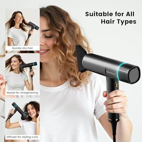 Hair Dryer, High-Speed Ionic Low Noise Blow Dryer, Powerful 1600 Watt Motor for Fast Drying and Straight & Wavy Hair, Lightweight, Professional Hairdryer with Diffuser & Nozzle for Home Salon Travel 7
