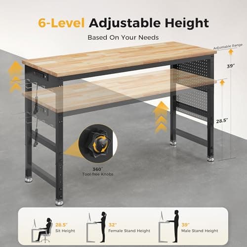 CAMMOO 60" Adjustable Heavy Duty Workbench, 2000 LBS Load Capacity Rubber Wood Work Table with Pegboard, Power Outlets, Work Bench for Garage, Workshop, Office, Home, Commercial 6
