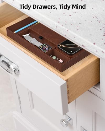 Valet Tray with Wireless Charger, Nightstand Organizer, Leather Desk Drawer Organizer Tray with 7 Compartments for Jewelries, Watch, Key, Wallet, Phone, Brown 5