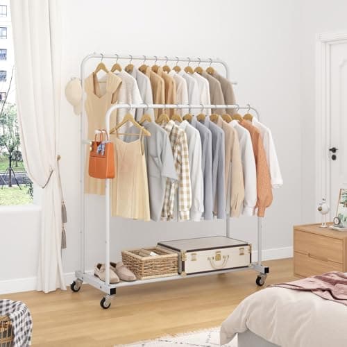 Laiensia Double Rods Garment Rack with Wheels, Clothing Rack for Hanging Clothes,4 Hooks, Multi-functional Bedroom Clothes Rack, White 3