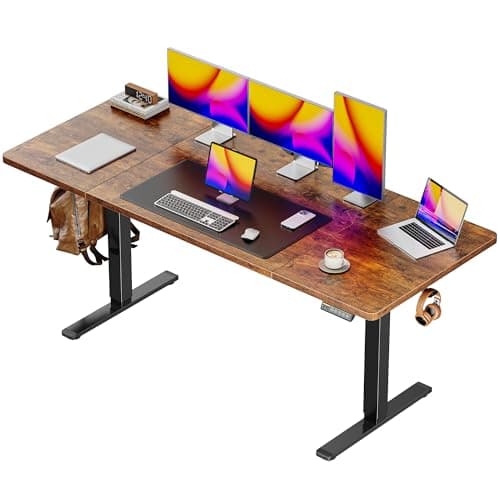 Huuger 63 x 28 Large Electric Standing Desk, Height Adjustable Computer Desk, 27.6" Deep Desktop, Stand up Gaming Office Table with 2 Hooks, 3 Preset Heights, for Home Office, Rustic Brown