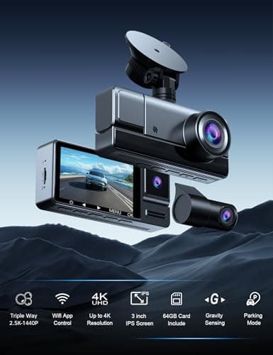 Icesky Three Channel Dash Cam Front and Rear Inside with WiFi 6, Triple Way 2.5K, 4K+2.5K Dual Dash Camera for Cars Front and Rear/Inside, Car Dashcams with 64GB Card, 24H Parking Mode, App Control 7