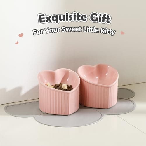 Tall Cat Food Bowl Set - Double-Tilted Design with Non-Slip mat - Ceramic Set - Cute Wide-Mouth Feeding Bowl to Protect Whiskers - Anti-spit-Out Bowl - Pink & Pink 6