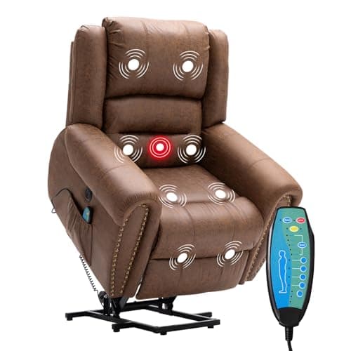 Phoenix Home Large Power Lift Recliner Chairs with Massage and Heat for Elderly, Heavy Duty Electric Faux Leather Reclining Chairs with USB Port and 2 Side Pockets, Brown 6