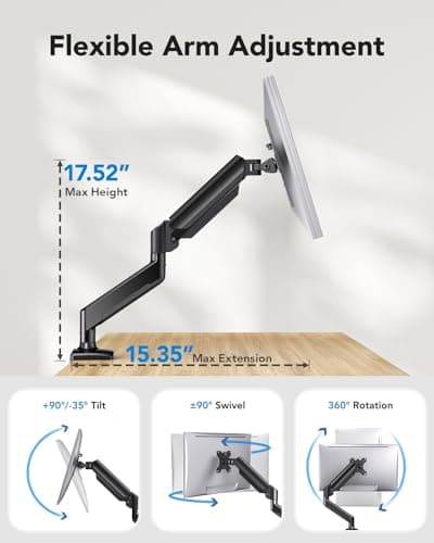 HUANUO Single Monitor Arm 13-34 Inch, Adjustable Gas Spring Arm, Monitor Desk Mount for 4.4-22lbs, VESA 75/100mm with C-Clamp/Grommet Base, Ergonomic Stand for Work/Gaming 5