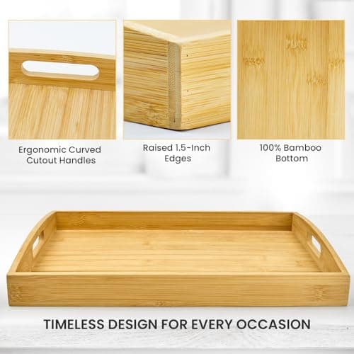 BABONIE Bamboo Serving Tray with Handles Set of 2 - Decorative Wooden Trays for Eating, Working, and Storing, Suitable for Use in Bedroom, Living Room, Kitchen, Bathroom, Outdoor Scenarios and More 3