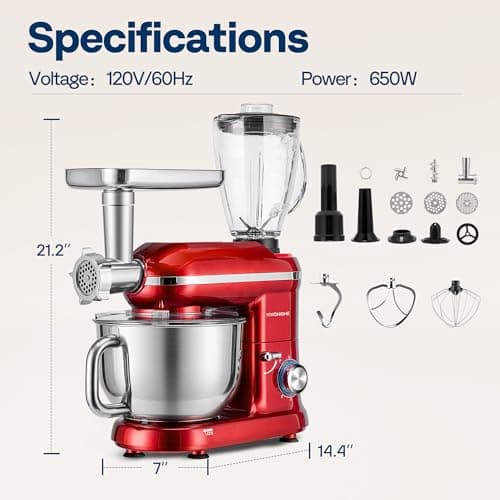 VIVOHOME 3-in-1 Stand Mixer, 6 Quart Electric Tilt-Head Kitchen Mixer with Bowl, Multifunctional Food Mixer with Meat Grinder and Blender Attachments, Dough Hook, Beater, and Whisk, Red 7
