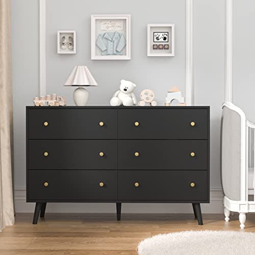 SINROM® Black Dresser for Bedroom, Black and Gold Dresser with Gold Handles, Wide Wood 6 Drawers Dressers for Bedroom 8
