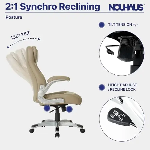 Nouhaus +Posture Ergonomic PU Leather Office Chair. Click5 Lumbar Support with FlipAdjust Armrests. Modern Executive Chair and Computer Desk Chair (Taupe) 5