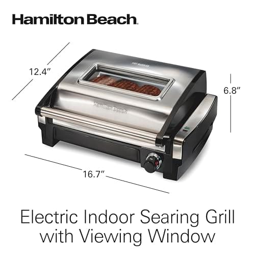 Hamilton Beach Electric Indoor Searing Grill with Viewing Window & Adjustable Temperature Control to 450F, 118 sq. in. Surface Serves 6, PFAS-Free Removable Nonstick Grate, Stainless Steel 8